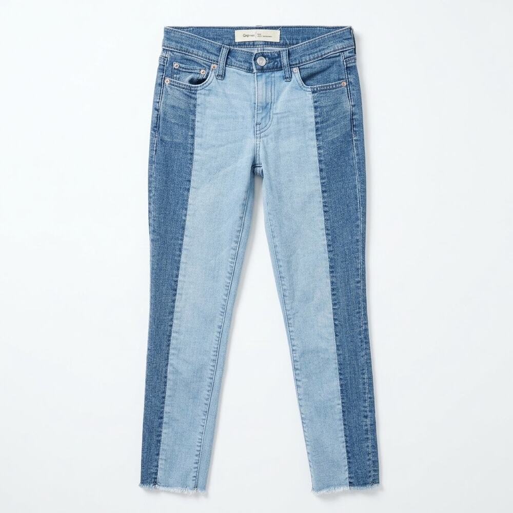 GAP 1969 Two Tone Raw Hem Real Straight Jeans Blue Stretch Denim Womens 24R